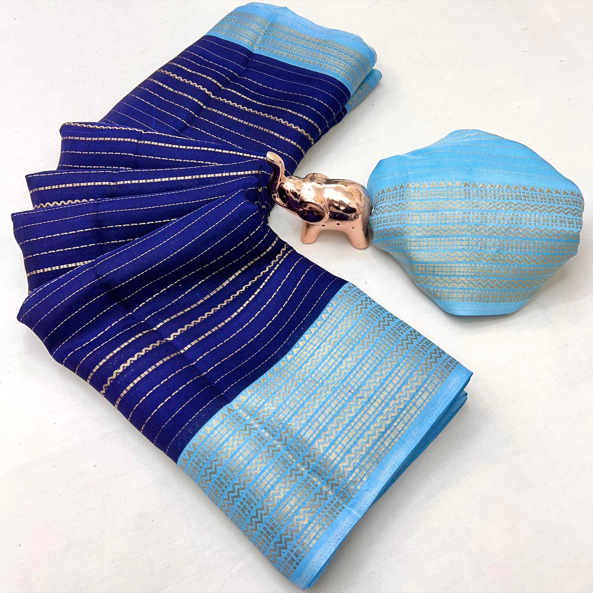 Classic Blue Marshmallow Jacquard Saree Adorned With Refined Striped Zari Weaving Patterns