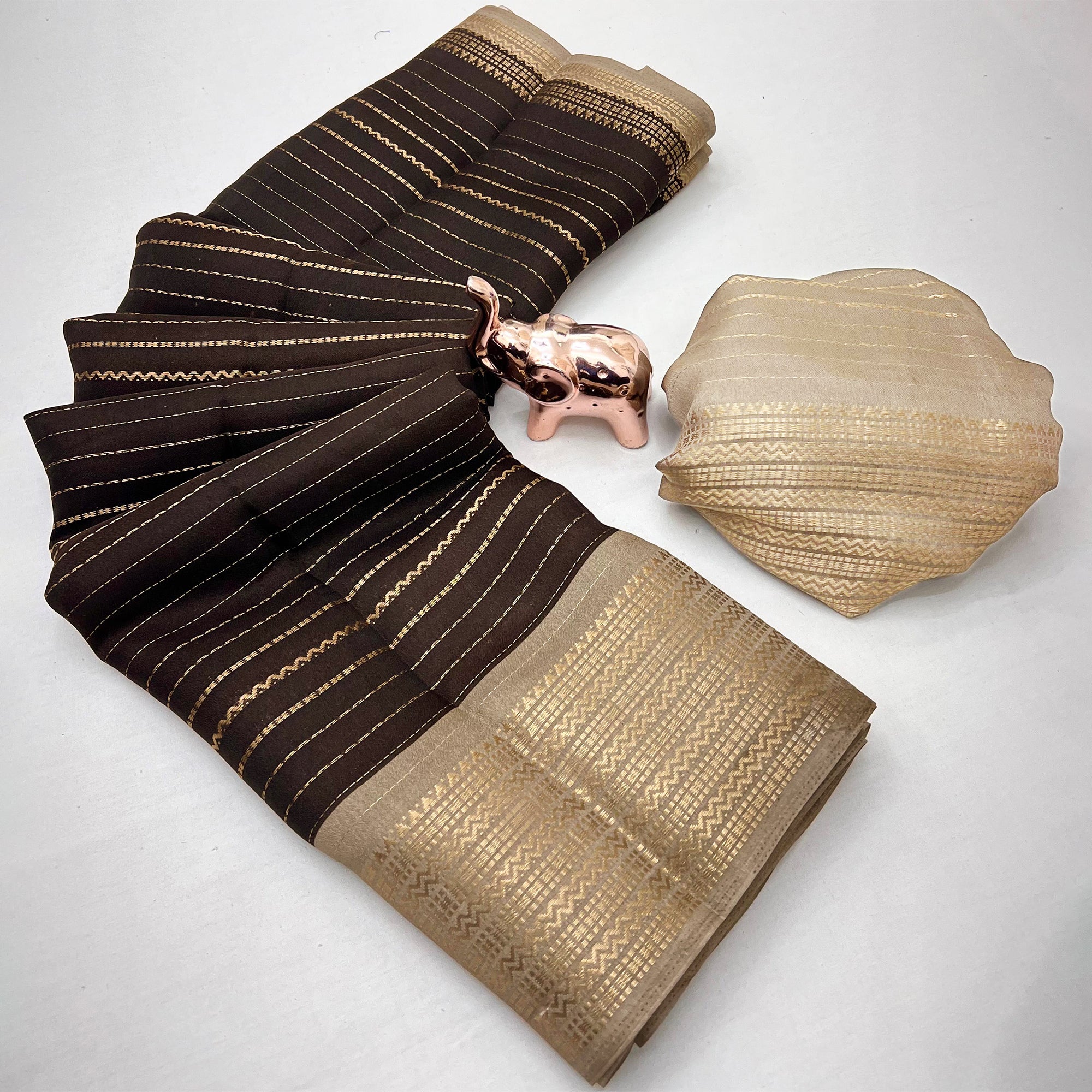 Classic Brown Marshmallow Jacquard Saree Adorned With Refined Striped Zari Weaving Patterns