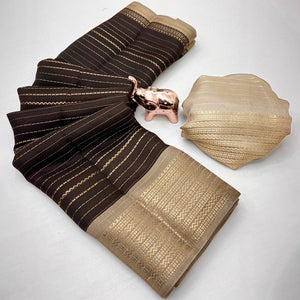 Classic Brown Marshmallow Jacquard Saree Adorned With Refined Striped Zari Weaving Patterns