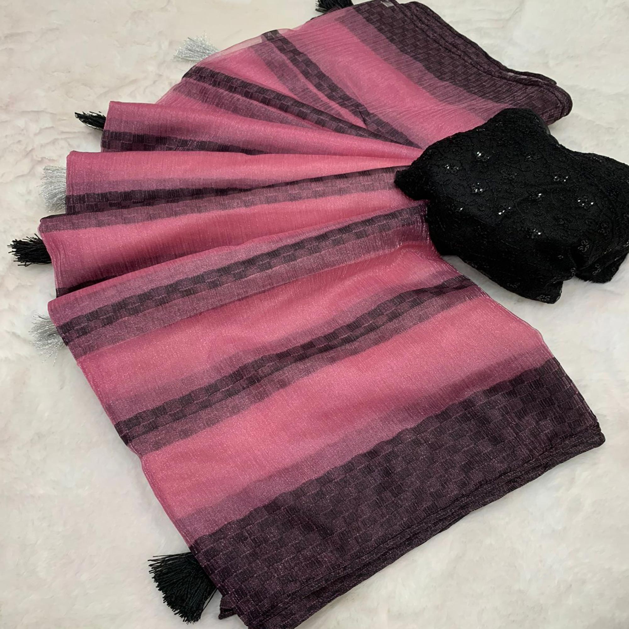 Pink Woven Net Saree With Tassels