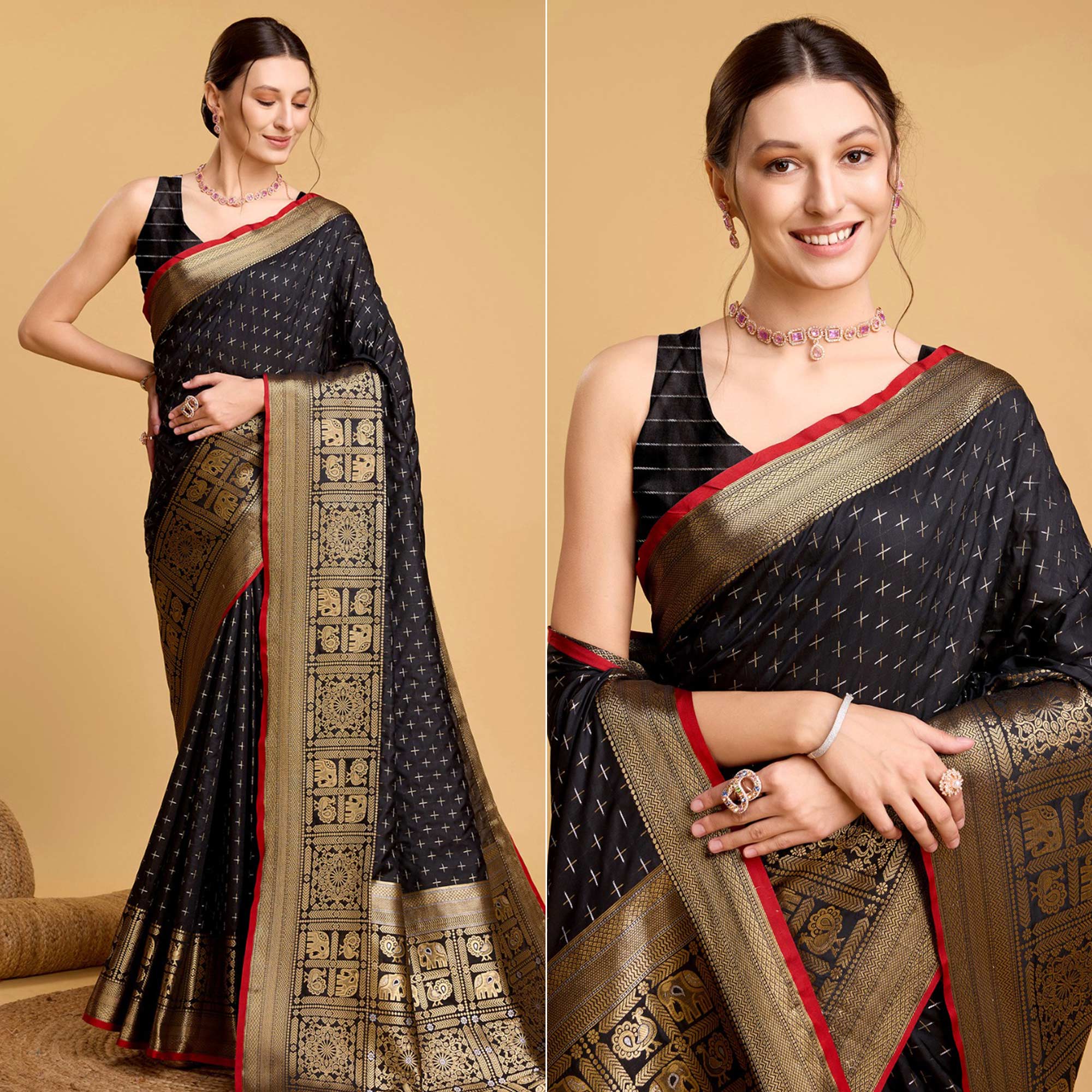 Black Woven Pure Silk Saree With Tassels