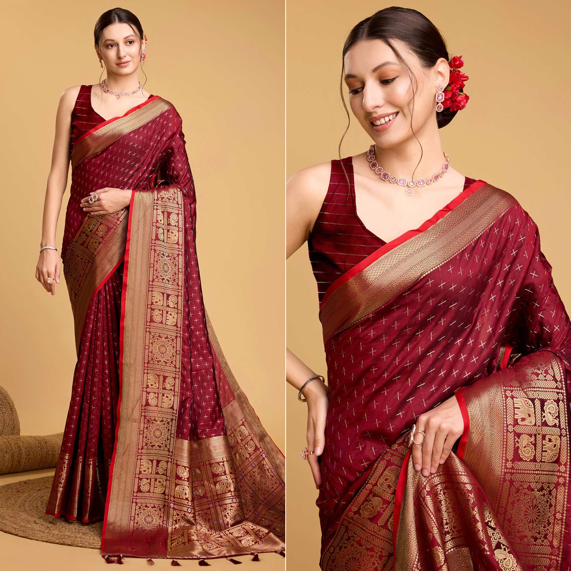 Maroon Woven Pure Silk Saree With Tassels
