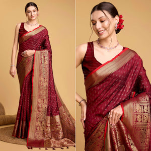 Maroon Woven Pure Silk Saree With Tassels