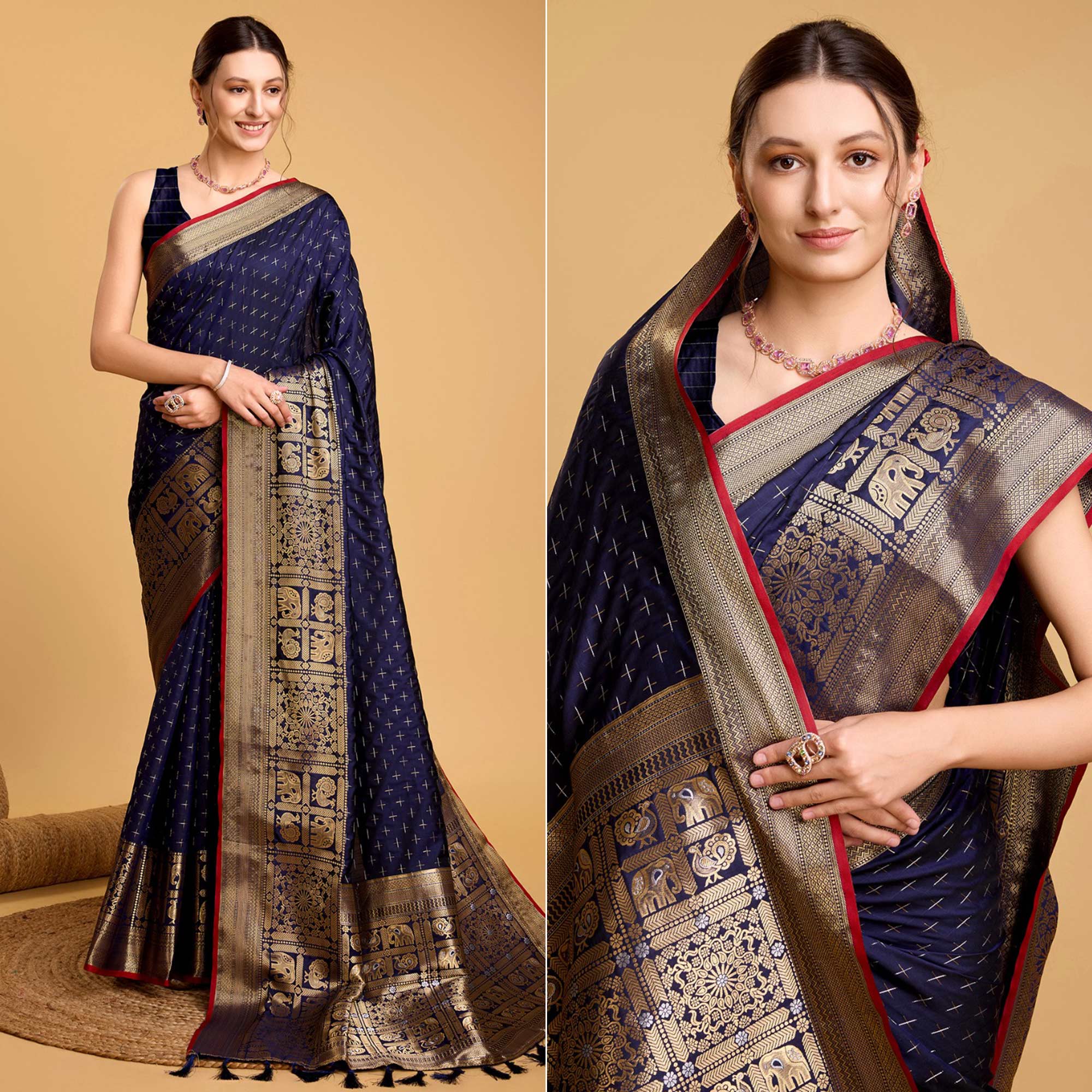 Navy Blue Woven Pure Silk Saree With Tassels