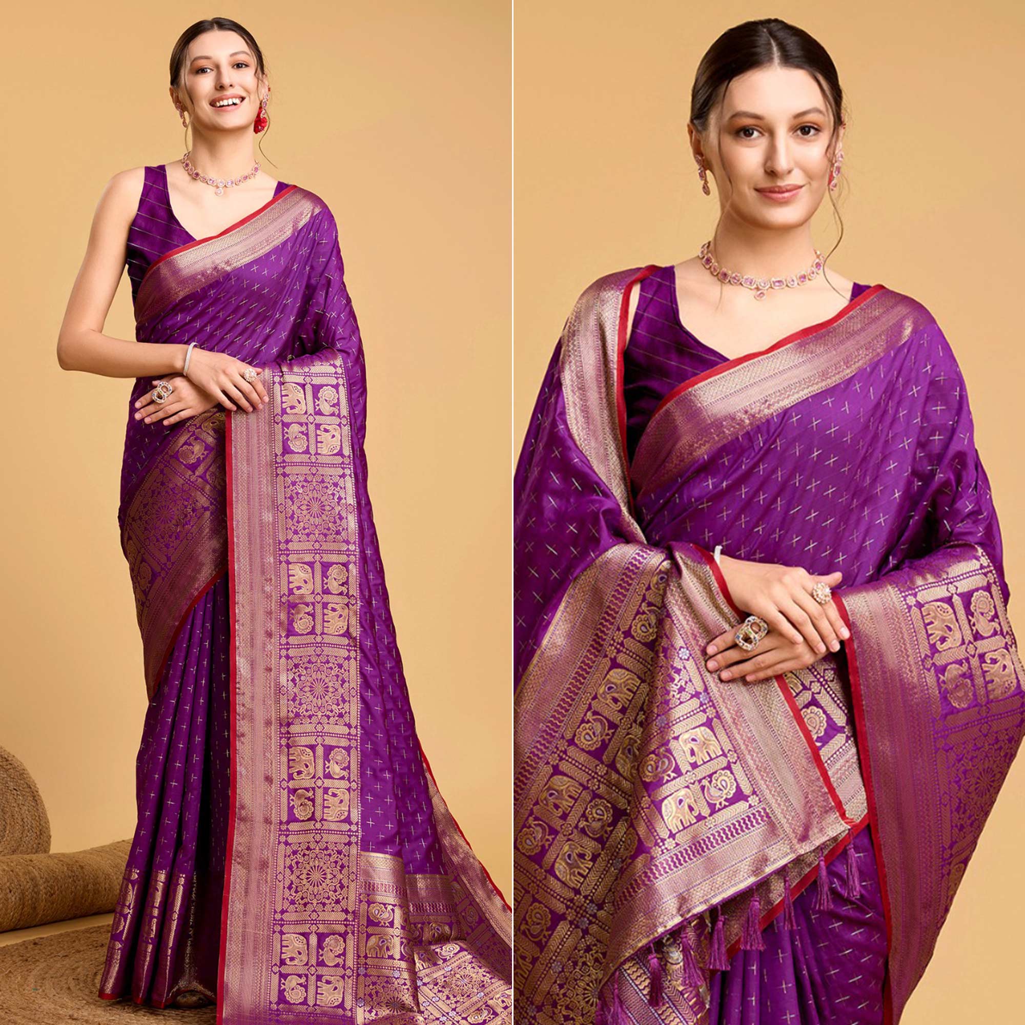 Purple Woven Pure Silk Saree With Tassels