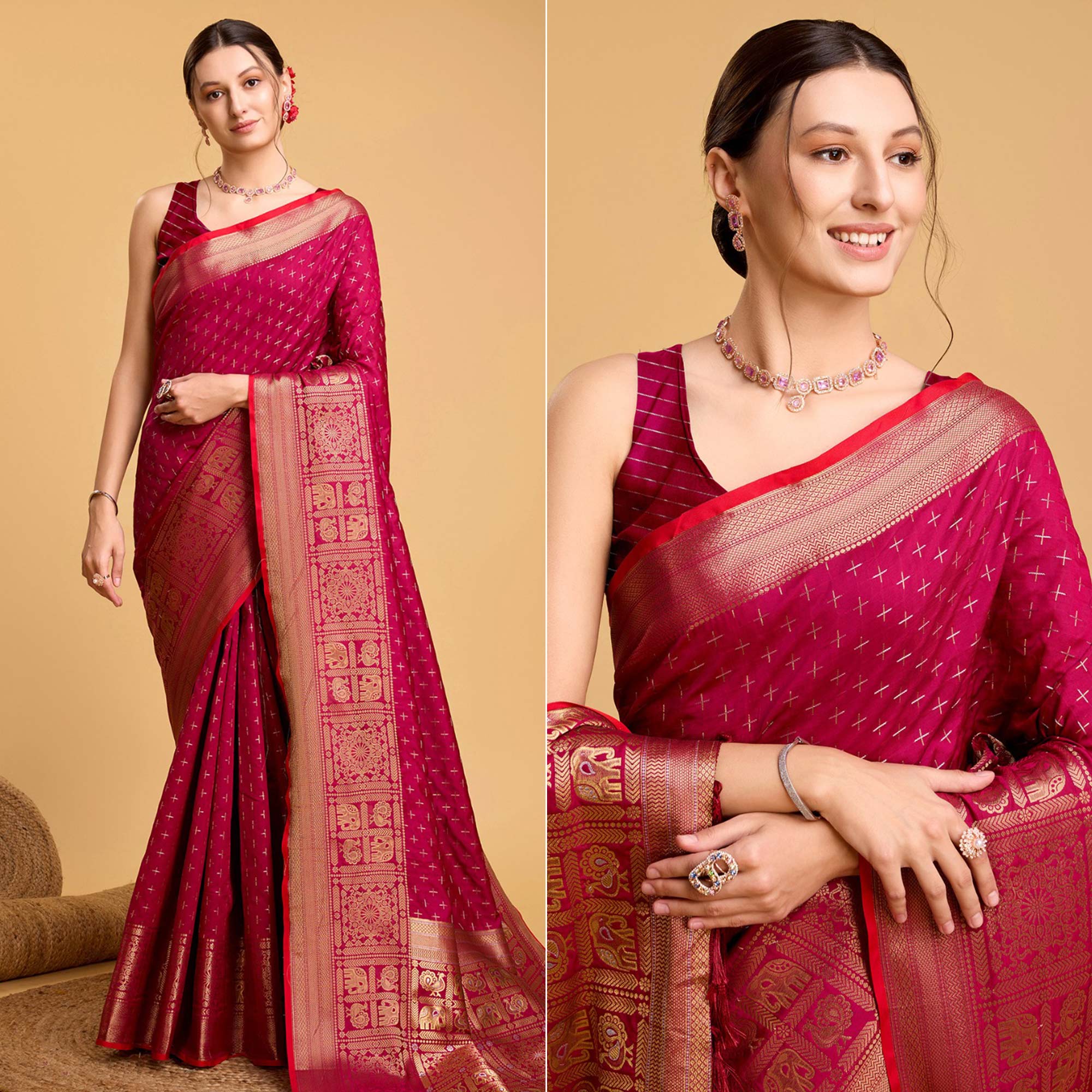 Rani Pink Woven Pure Silk Saree With Tassels