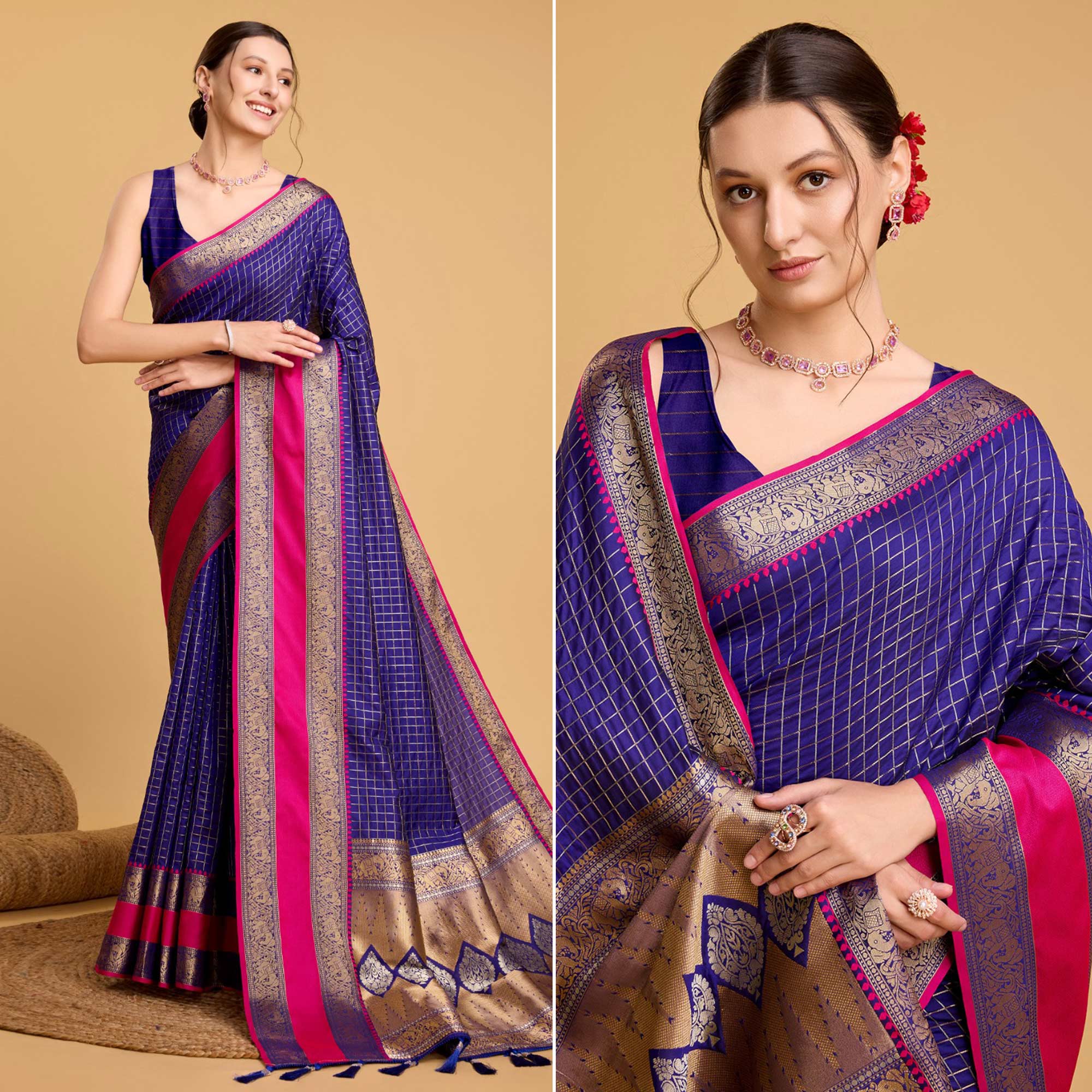 Blue Checks Woven Pure Silk Saree With Tassels