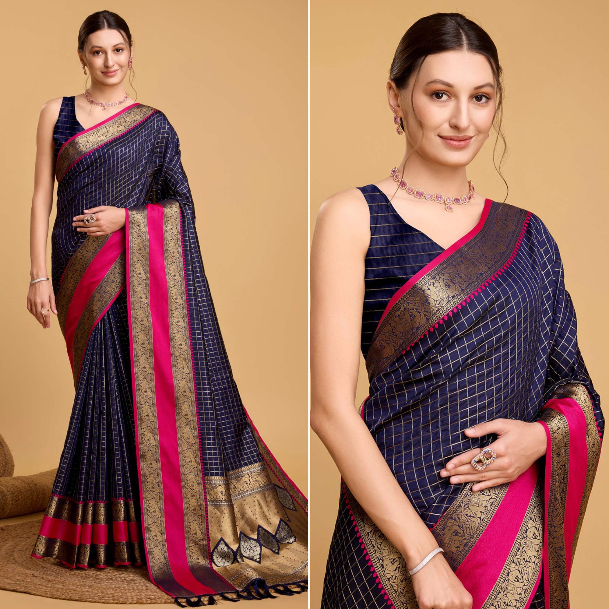 Navy Blue Checks Woven Pure Silk Saree With Tassels