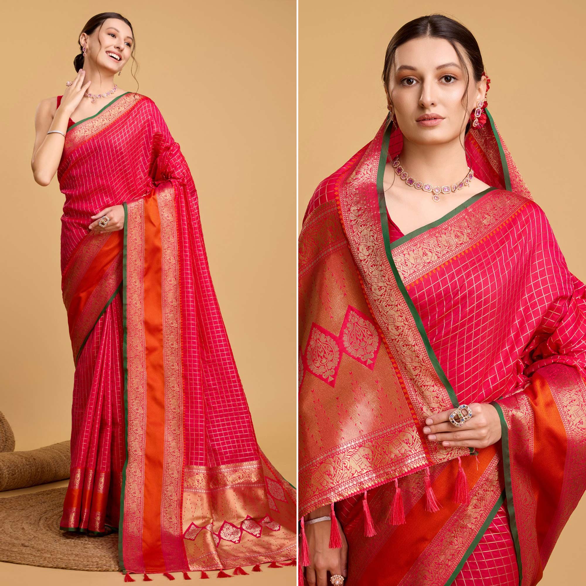 Pink Checks Woven Pure Silk Saree With Tassels