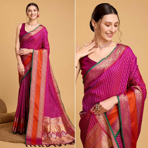 Purple Checks Woven Pure Silk Saree With Tassels