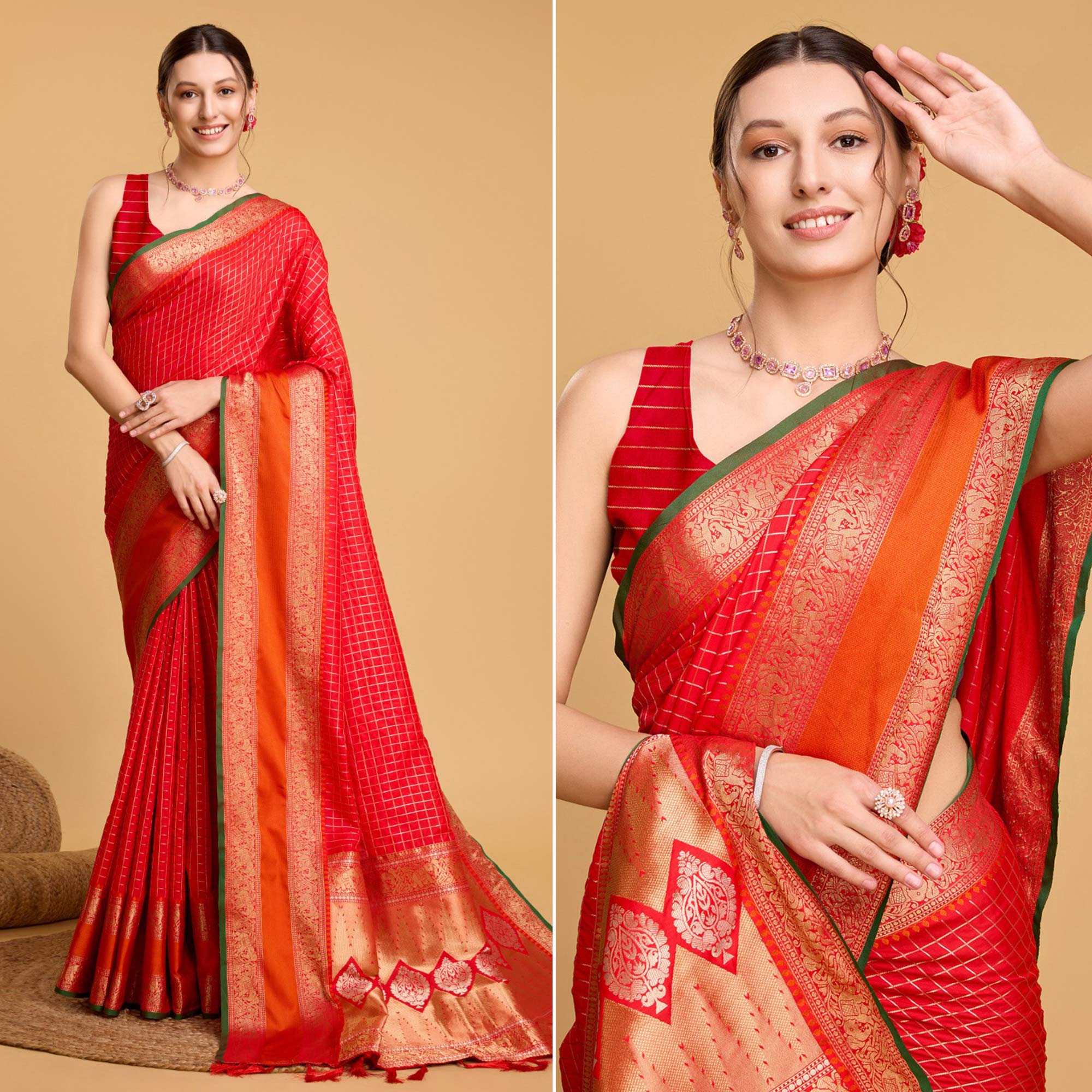 Red Checks Woven Pure Silk Saree With Tassels