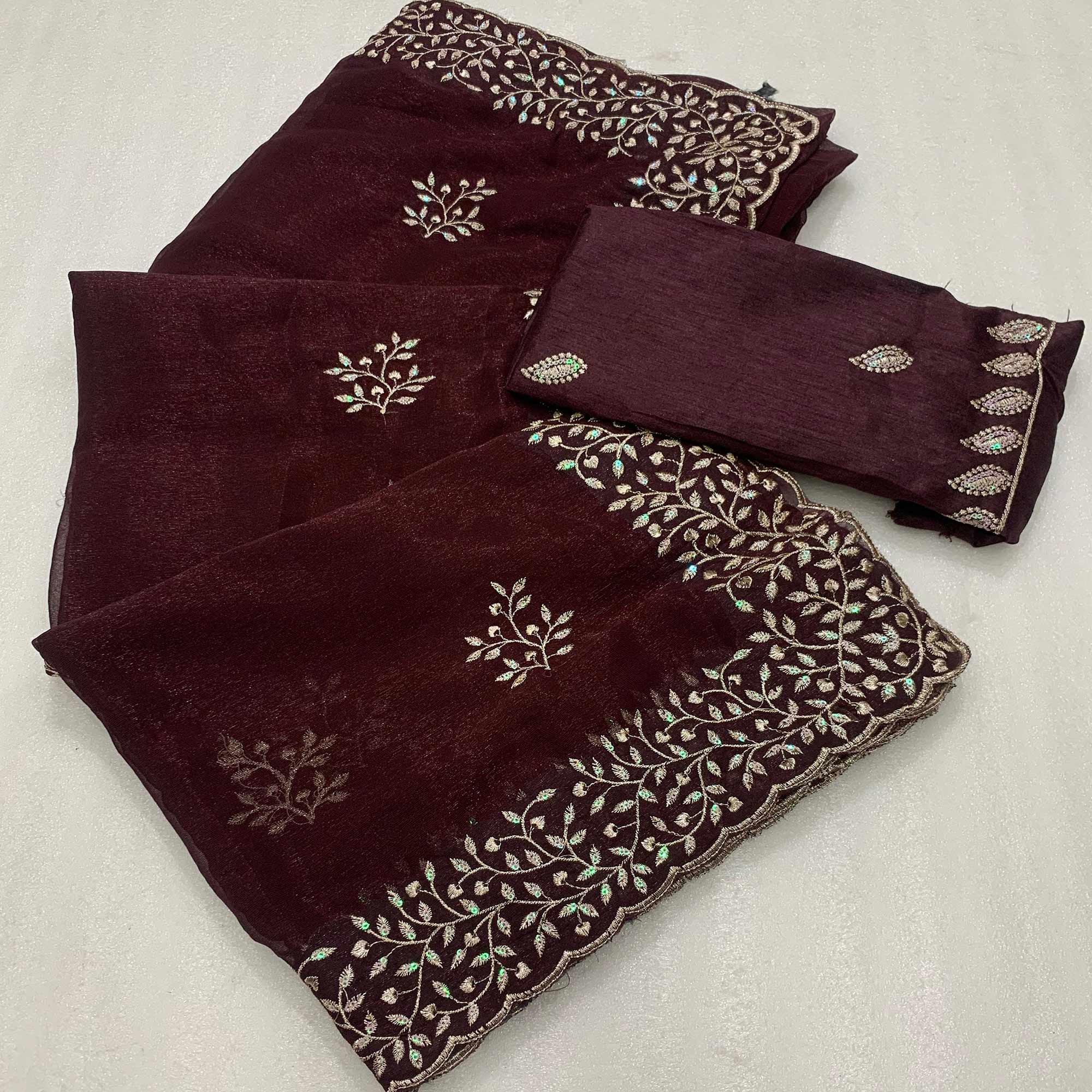 Brown Sequins Embroidered Shimmer Silk Saree