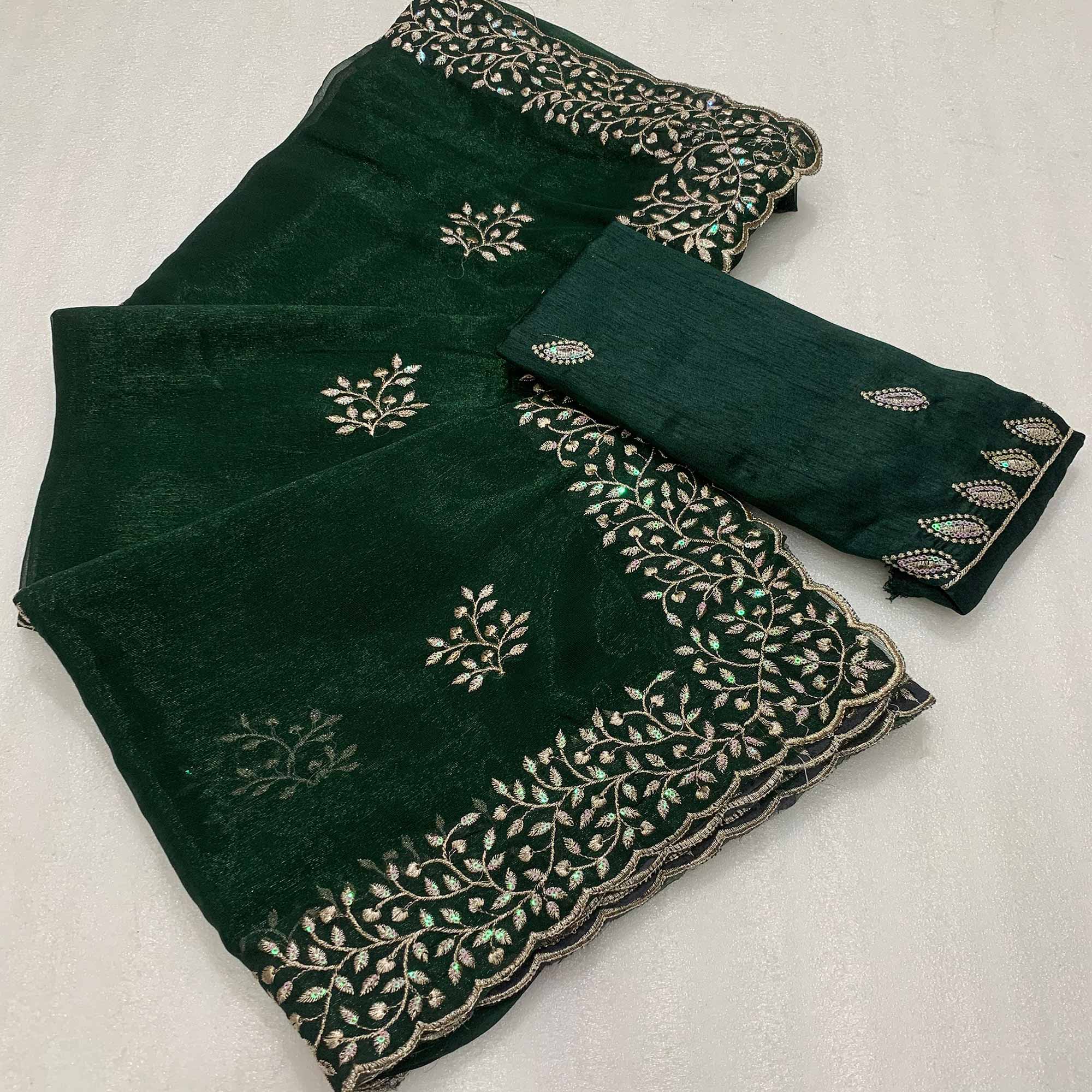 Green Sequins Embroidered Shimmer Silk Saree