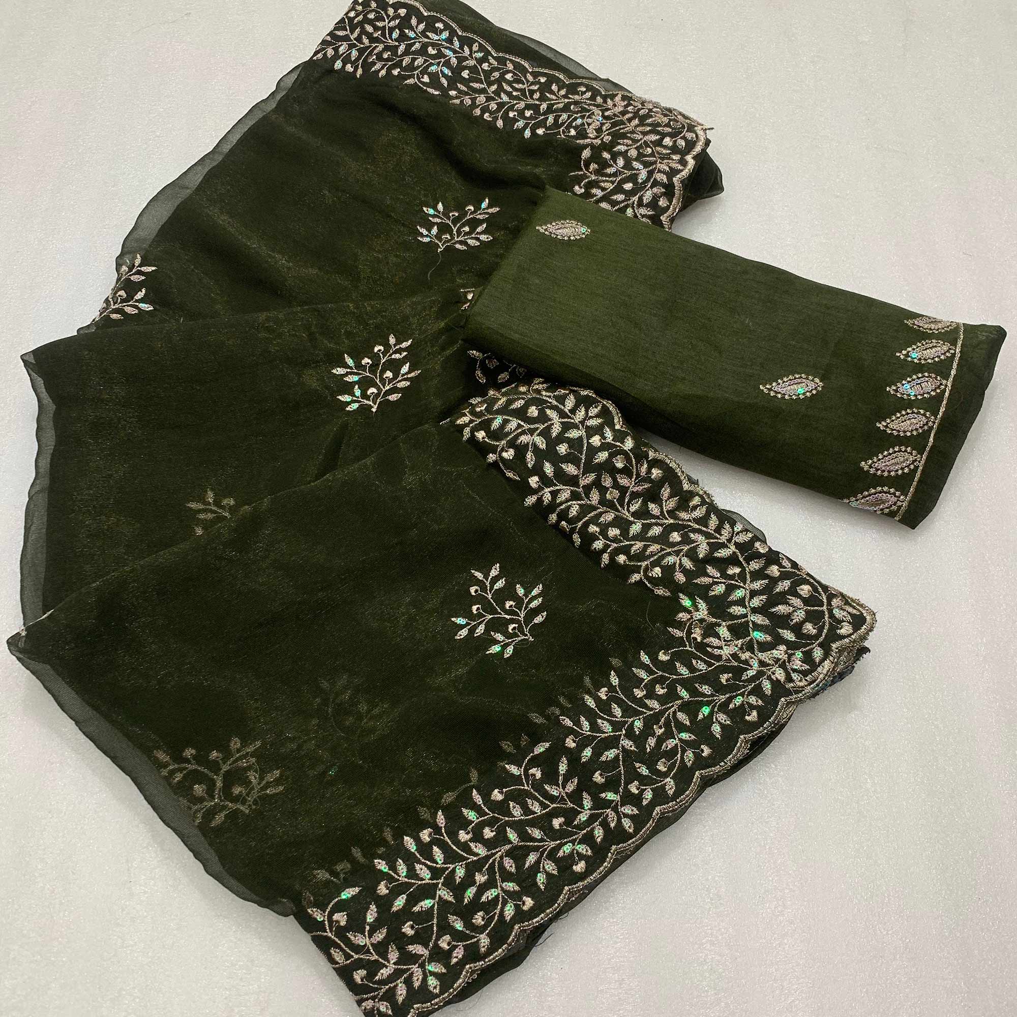 Mehendi Green Sequins Embroidered Shimmer Silk Saree