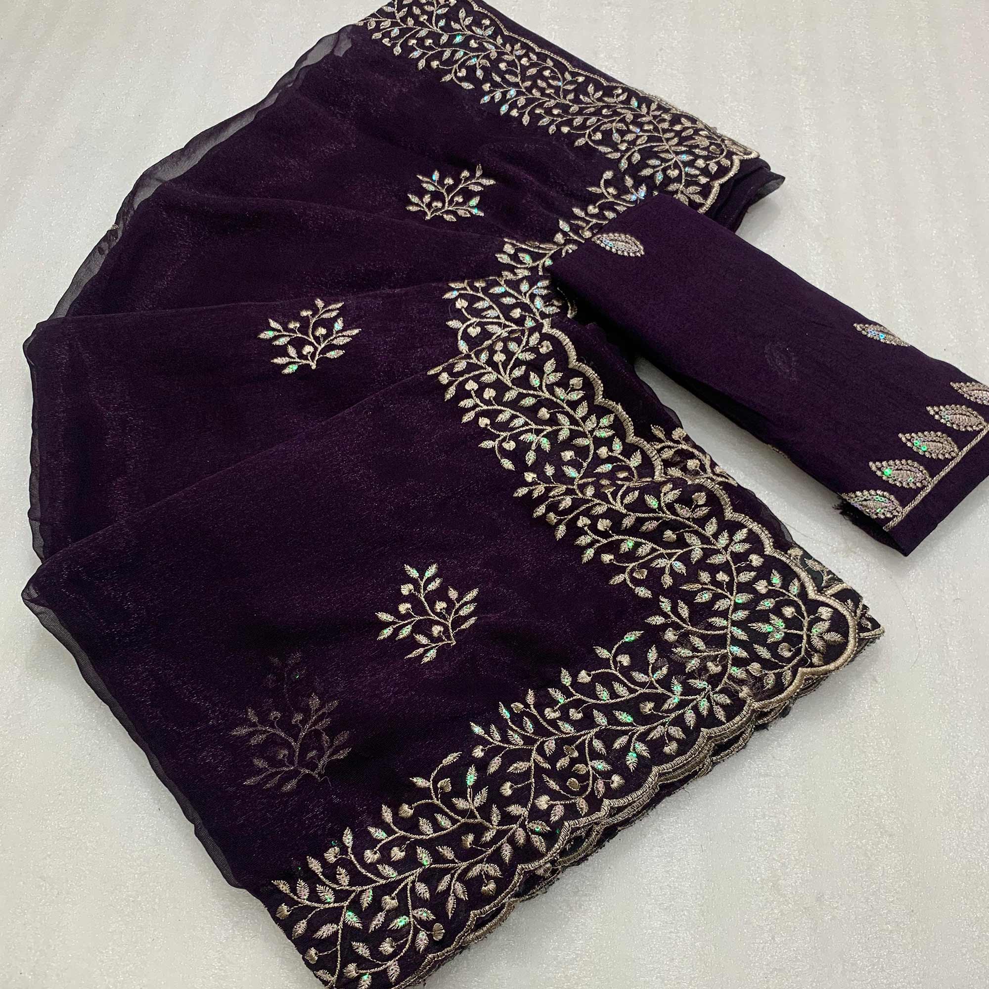 Purple Sequins Embroidered Shimmer Silk Saree