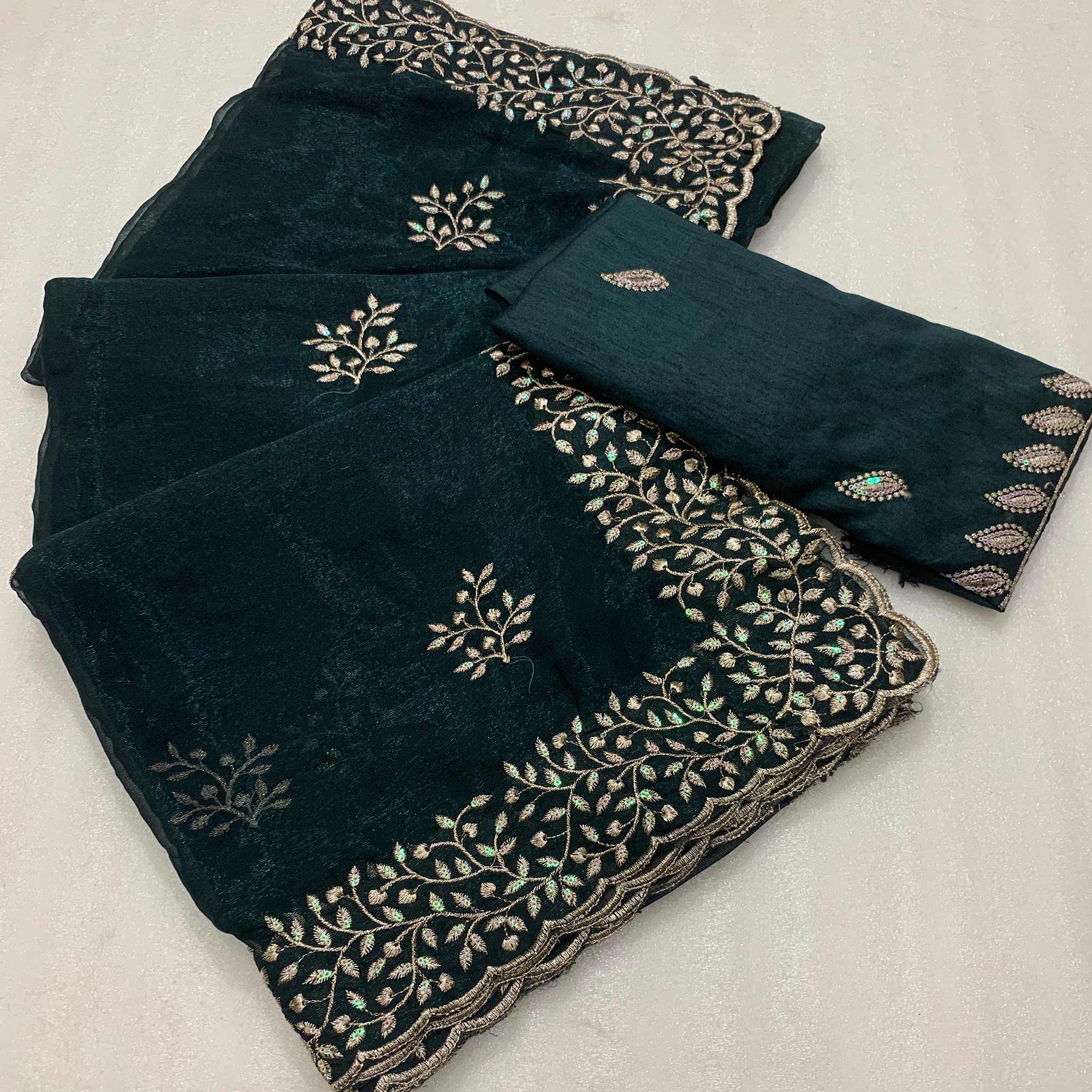Teal Sequins Embroidered Shimmer Silk Saree