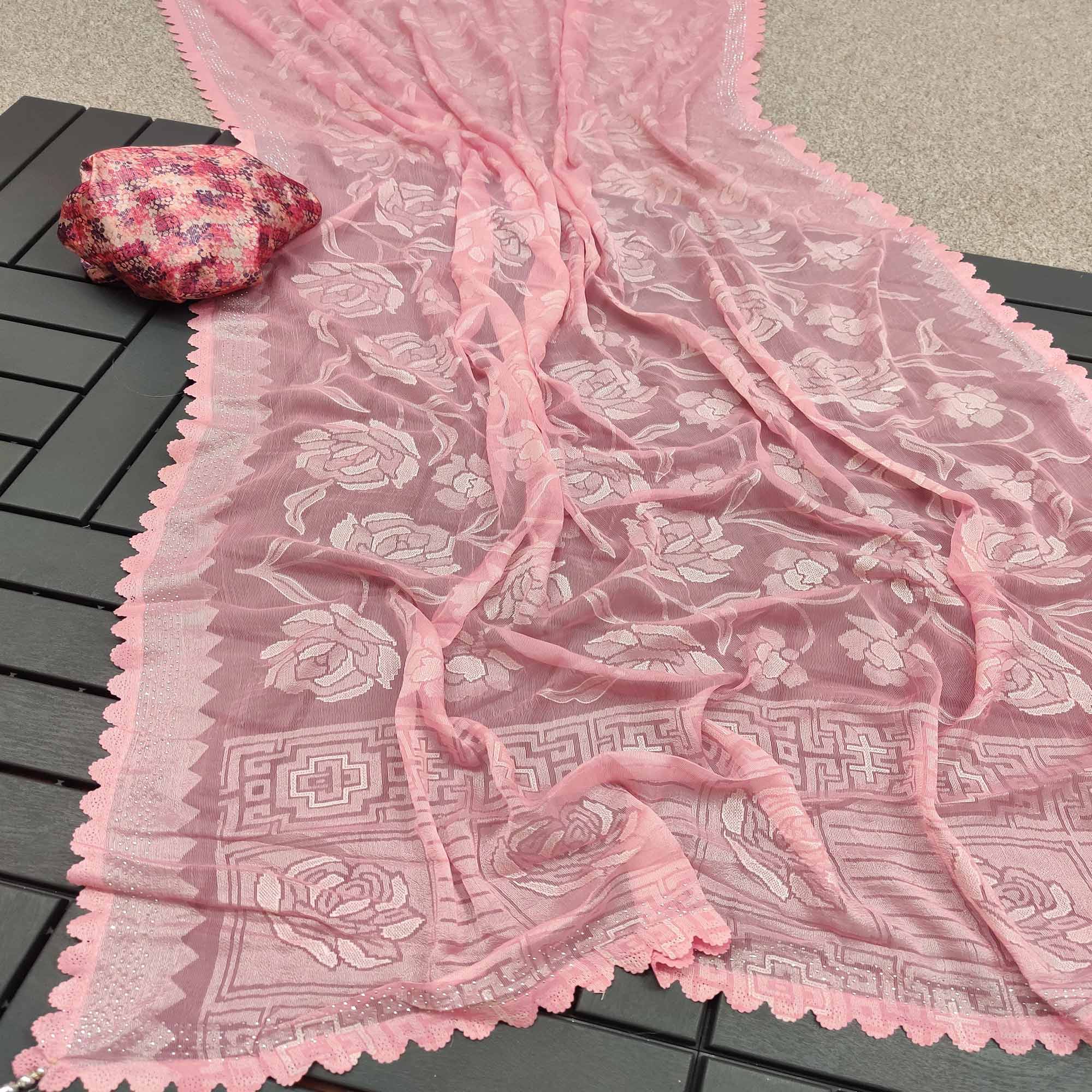 Pink Woven With Swarovski Work Brasso Saree