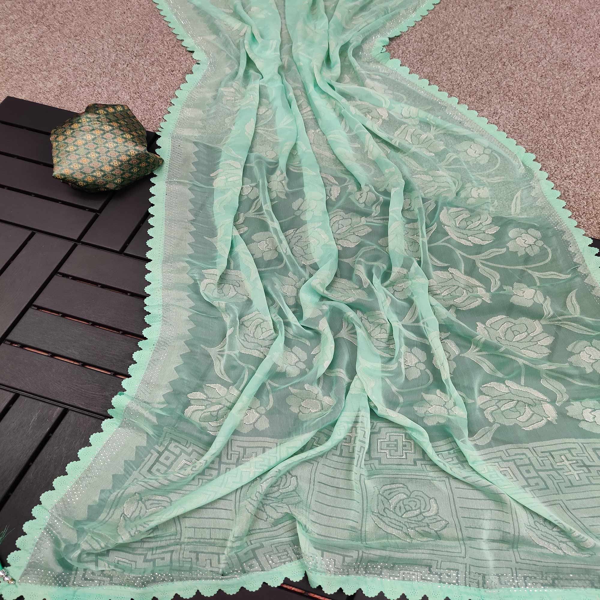 Turquoise Woven With Swarovski Work Brasso Saree
