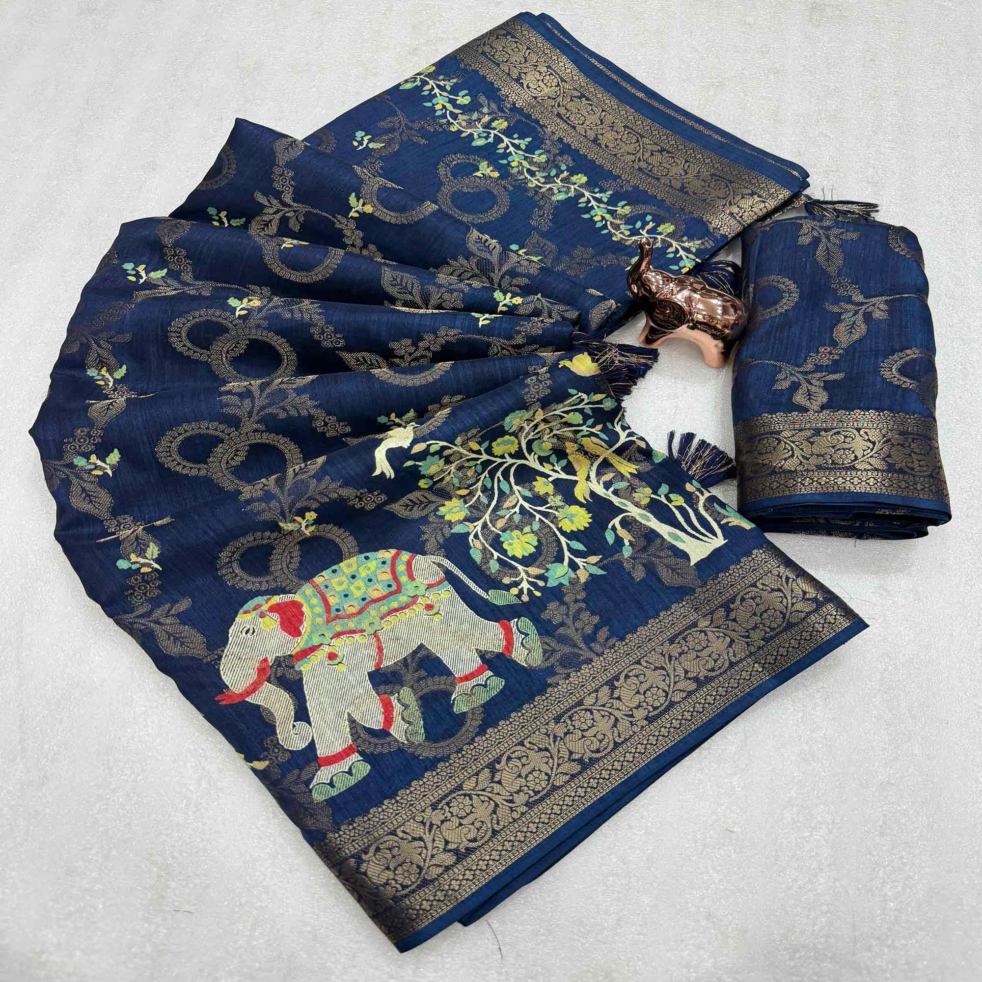 Exquisite Navy Blue Floral Weaving Tusser Silk Jacquard Saree Highlighted With Elephant Motif Pallu