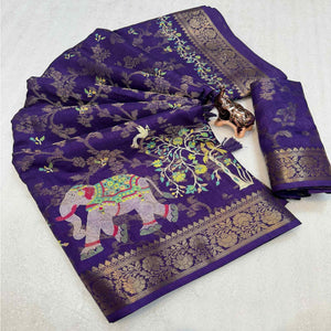Exquisite Royal Purple Floral Weaving Tusser Jacquard Silk Saree With Elephant Motif Pallu