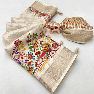 Cream Tussar Silk Jacquard Saree With Intricate Floral Zari Weaving & Tassel Border