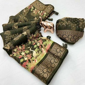 Mehendi Green Tussar Silk Jacquard Saree With Intricate Floral Zari Weaving & Tassel Border