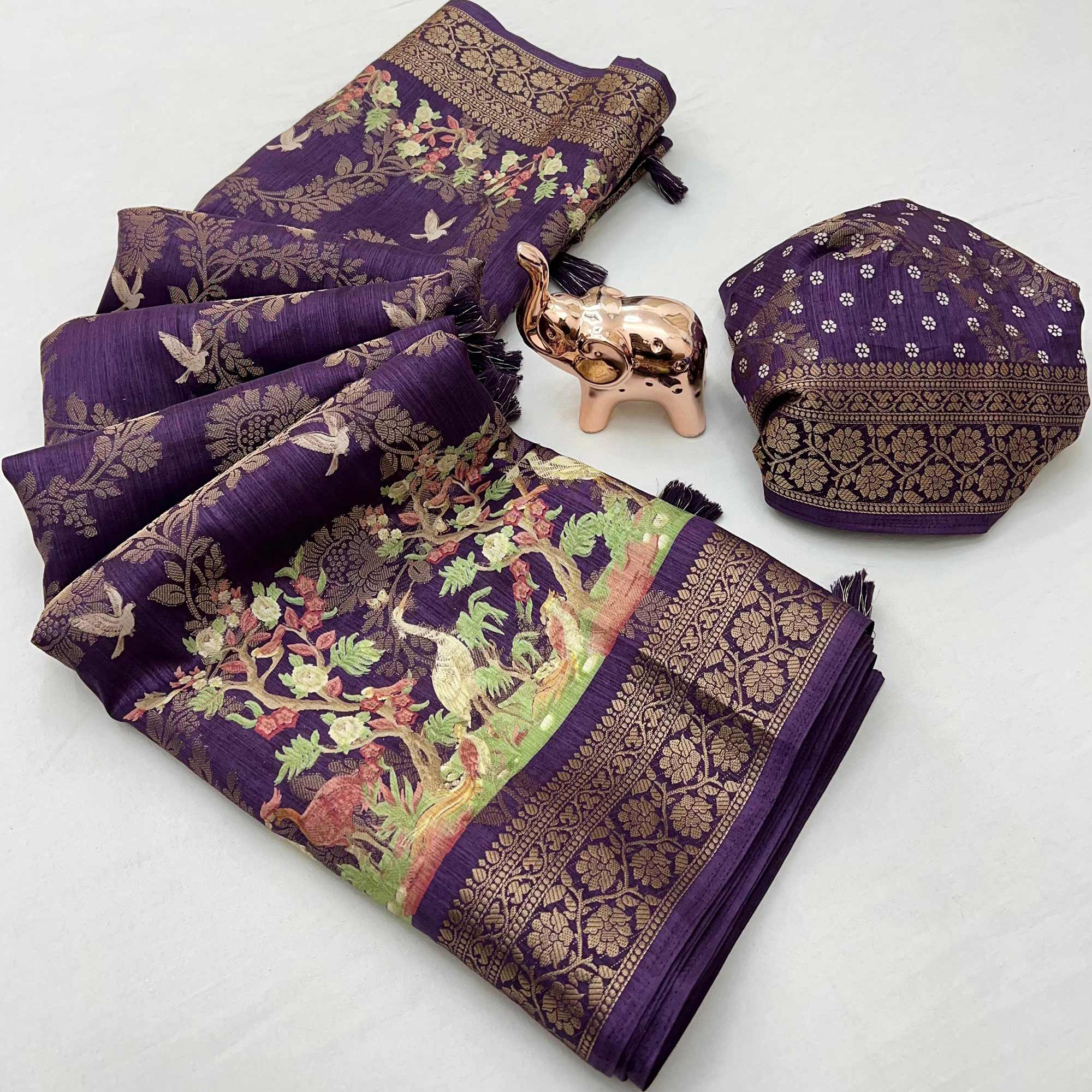 Purple Tussar Silk Jacquard Saree With Intricate Floral Zari Weaving & Tassel Border