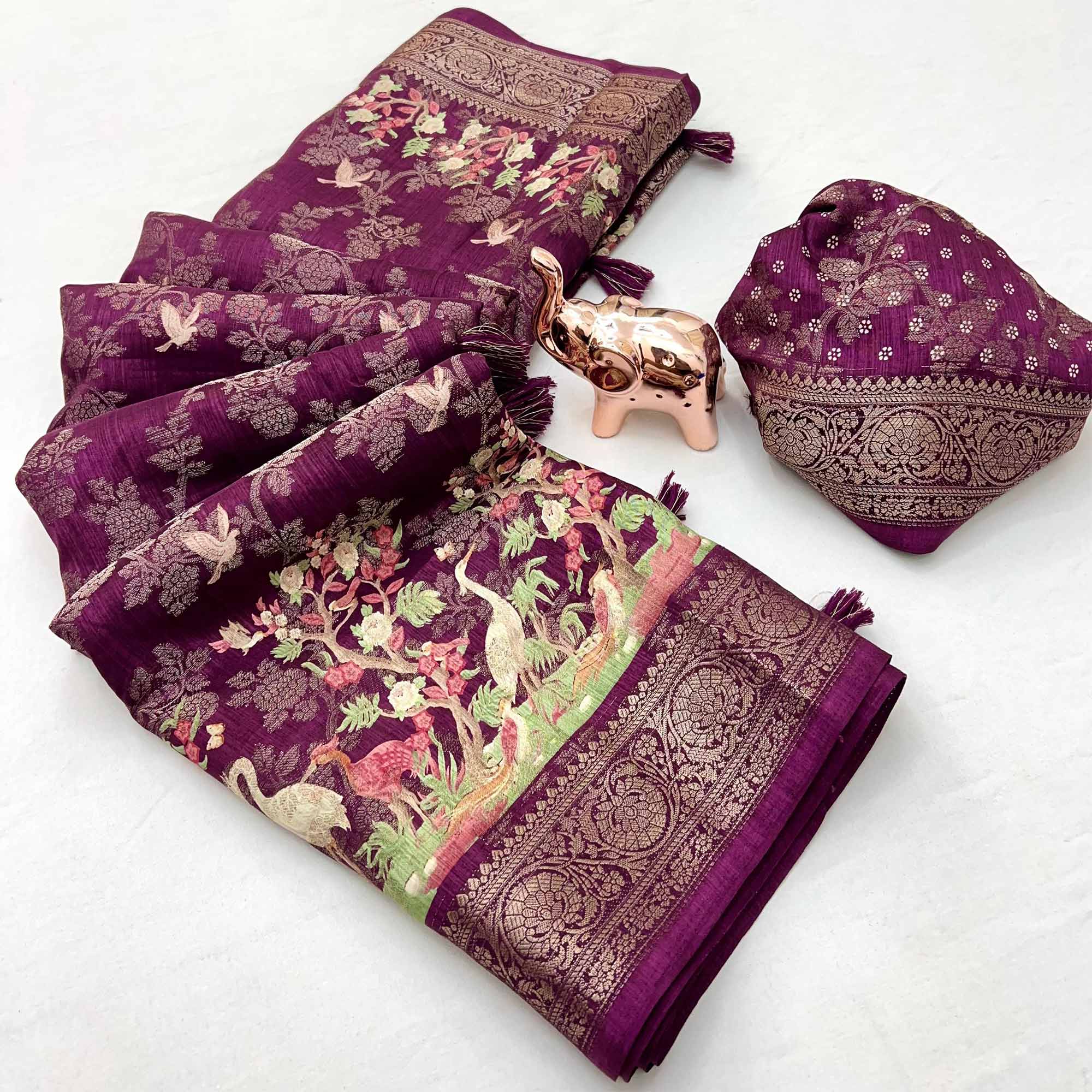 Wine Tussar Silk Jacquard Saree With Intricate Floral Zari Weaving & Tassel Border