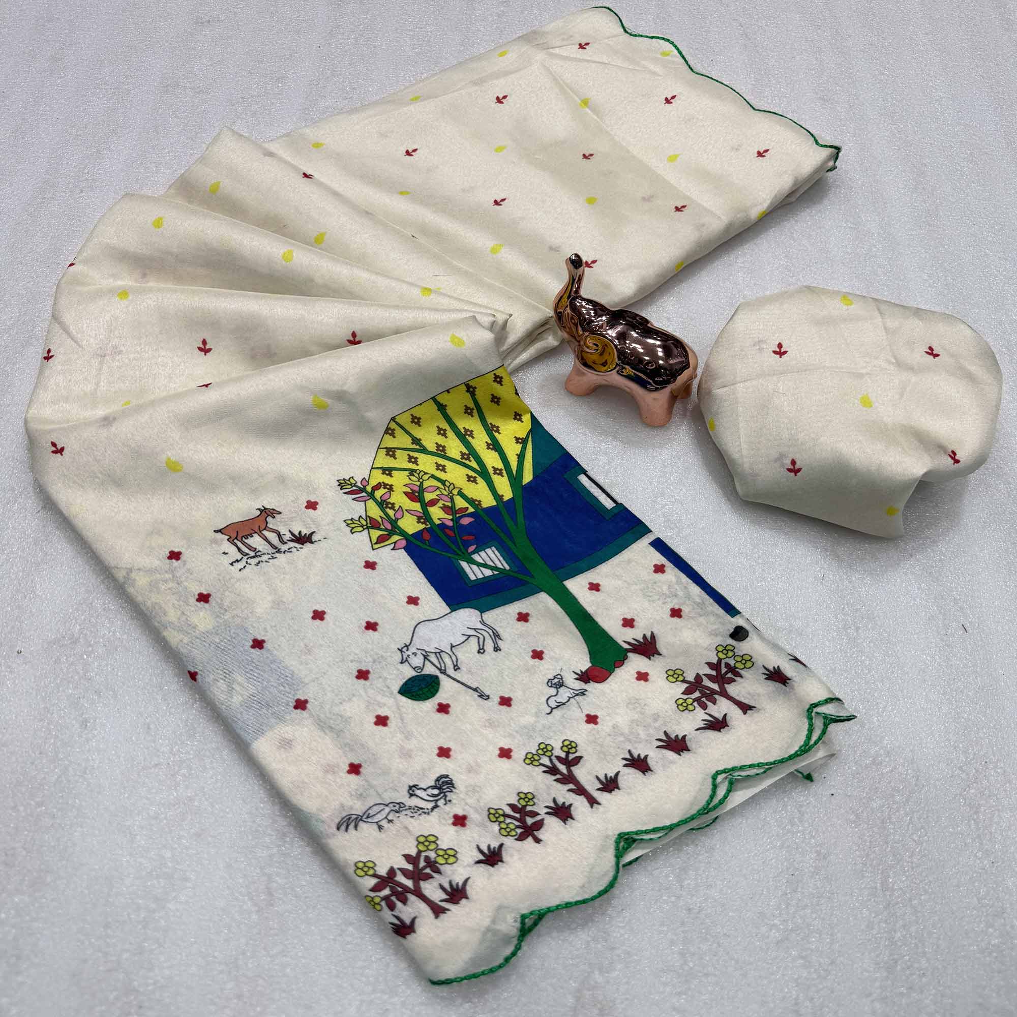 Designer Off White Soft Dola Silk Saree with Subtle Warli Print Detailing