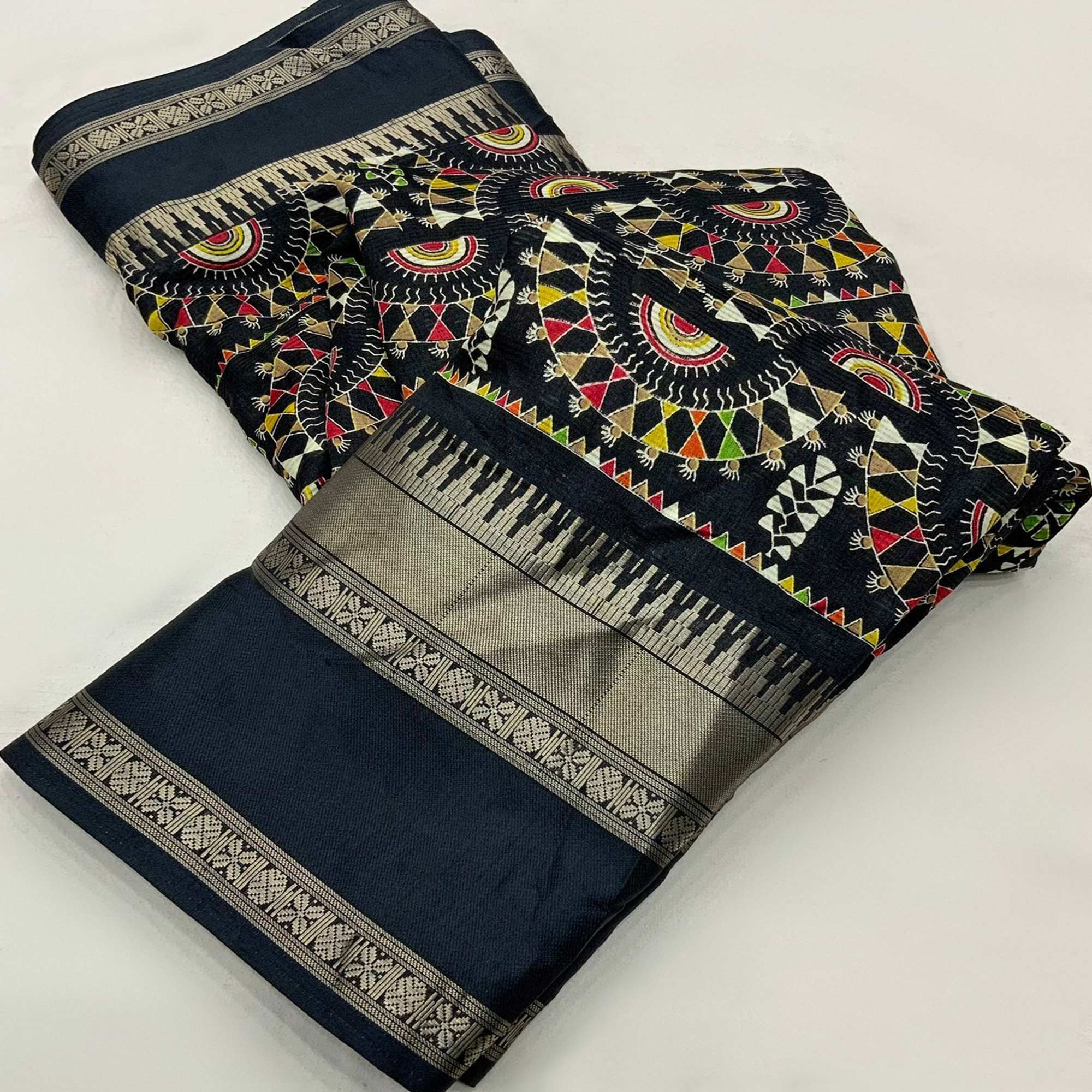 Black Warli Printed Crepe Saree With Zari Border