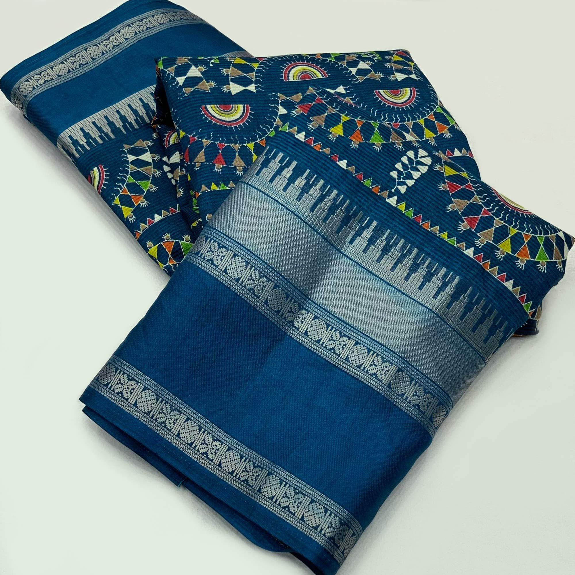 Blue Warli Printed Crepe Saree With Zari Border