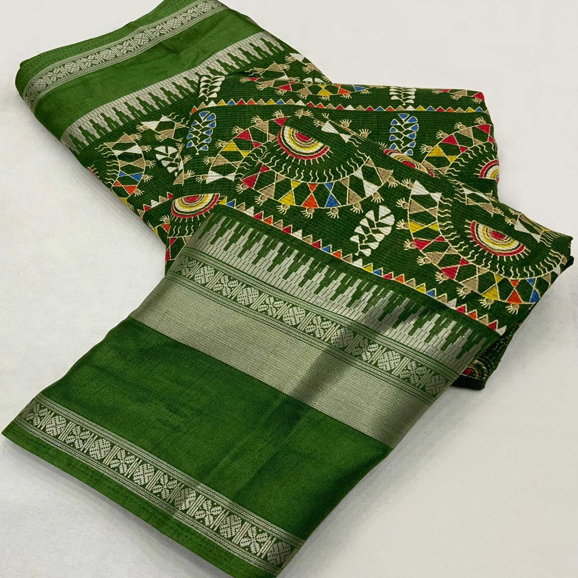 Green Warli Printed Crepe Saree With Zari Border