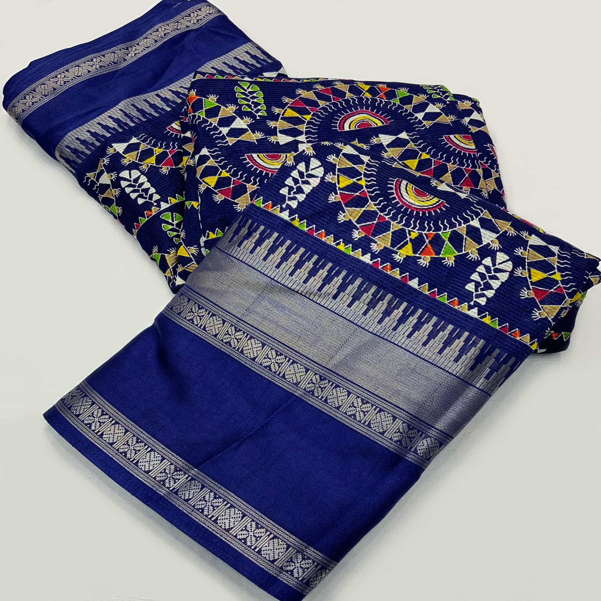 Navy Blue Warli Printed Crepe Saree With Zari Border