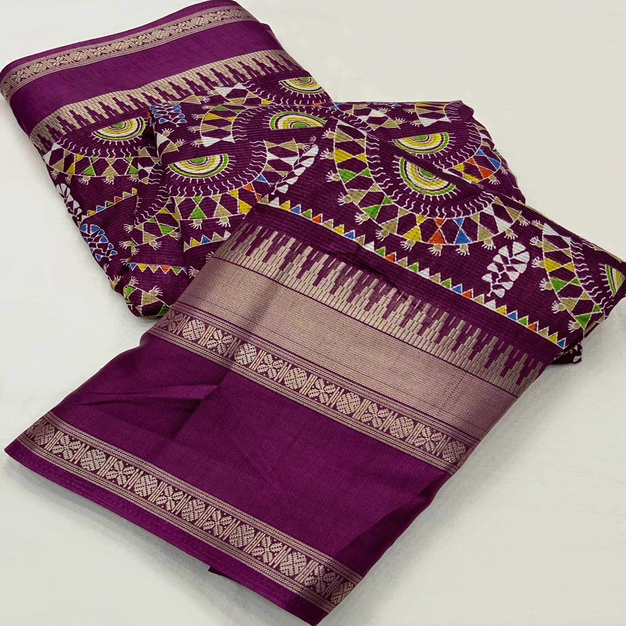 Purple Warli Printed Crepe Saree With Zari Border