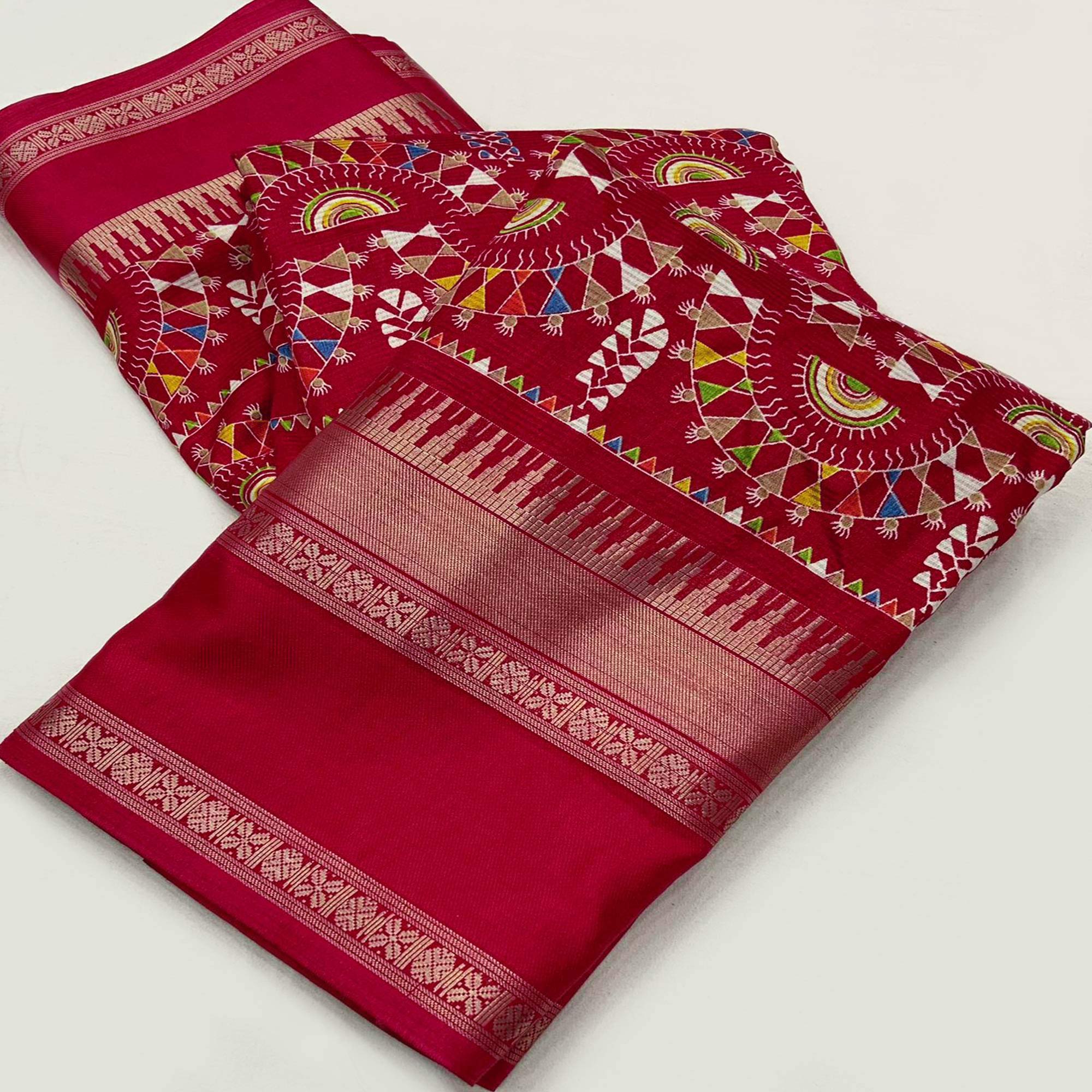 Red Warli Printed Crepe Saree With Zari Border