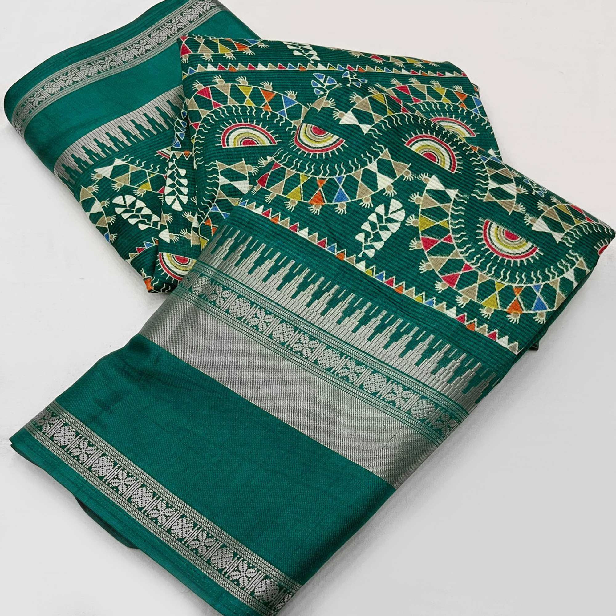 Rama Green Warli Printed Crepe Saree With Zari Border