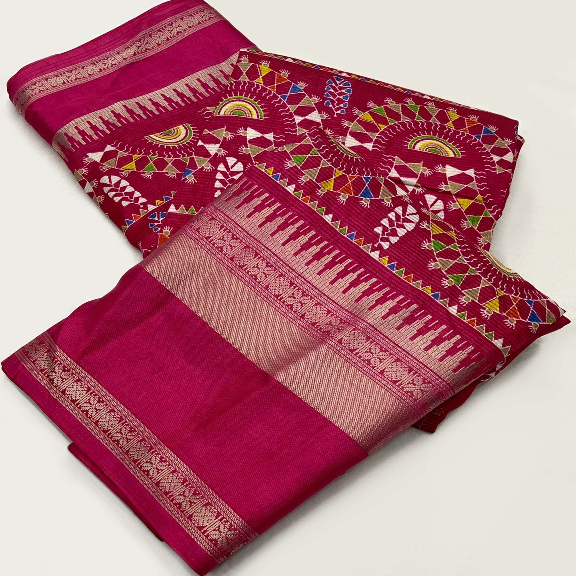 Rani Pink Warli Printed Crepe Saree With Zari Border