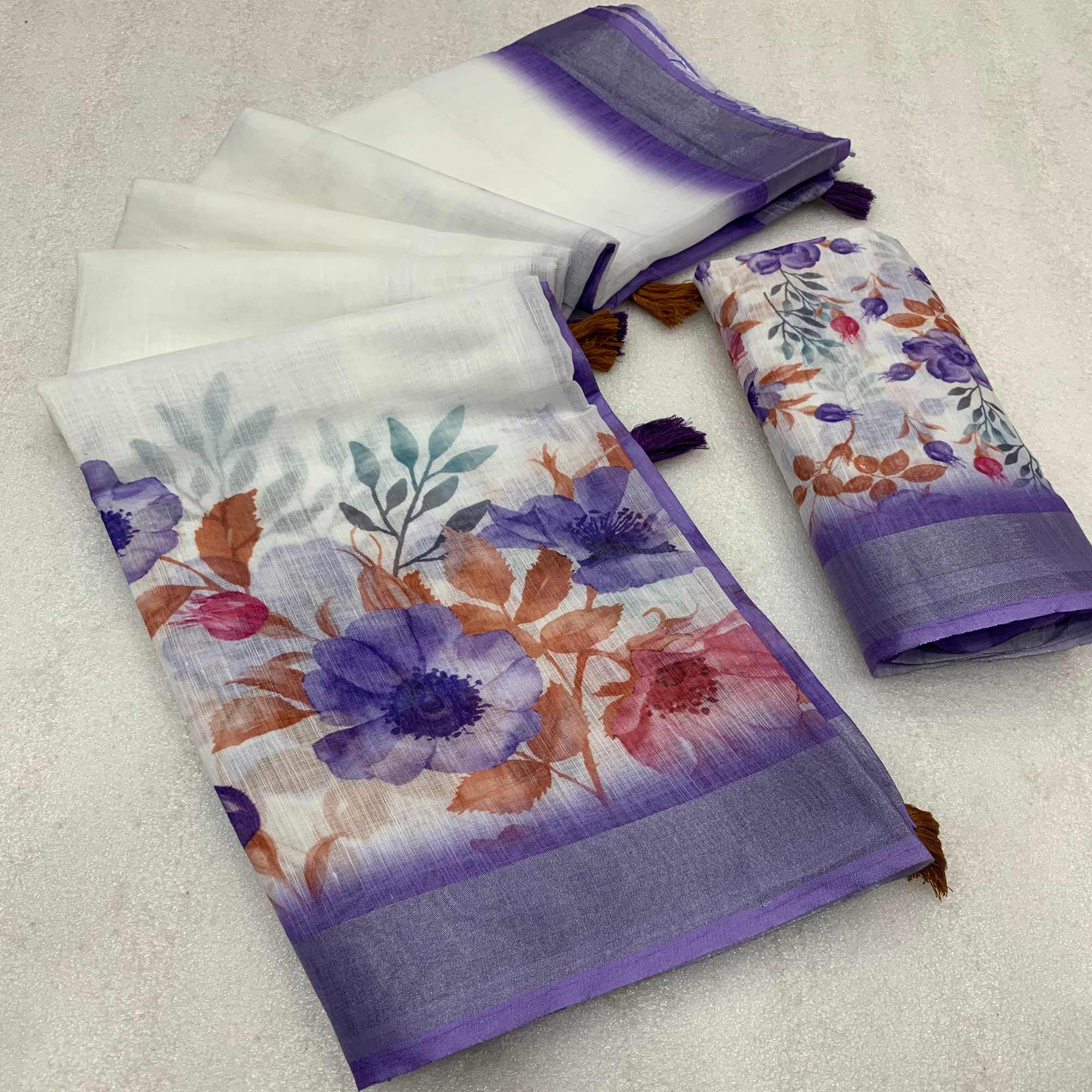 White & Lavender Printed Linen Saree With Zari Work