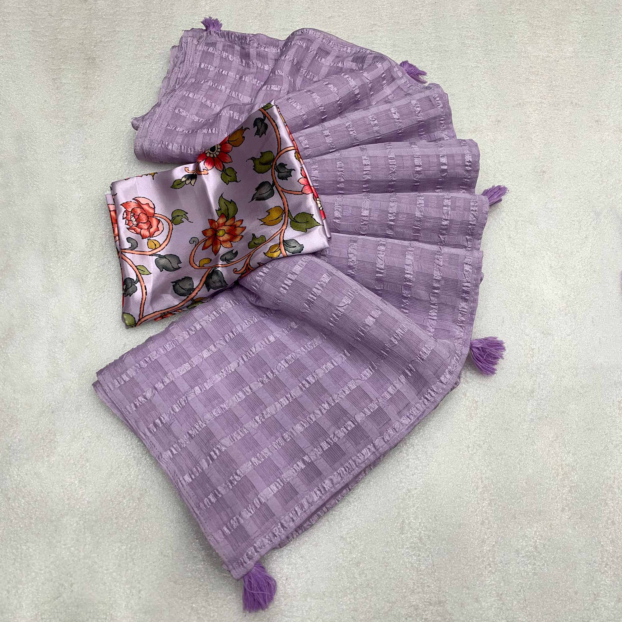 Purple Woven Chiffon Wrinkle Saree With Tassels