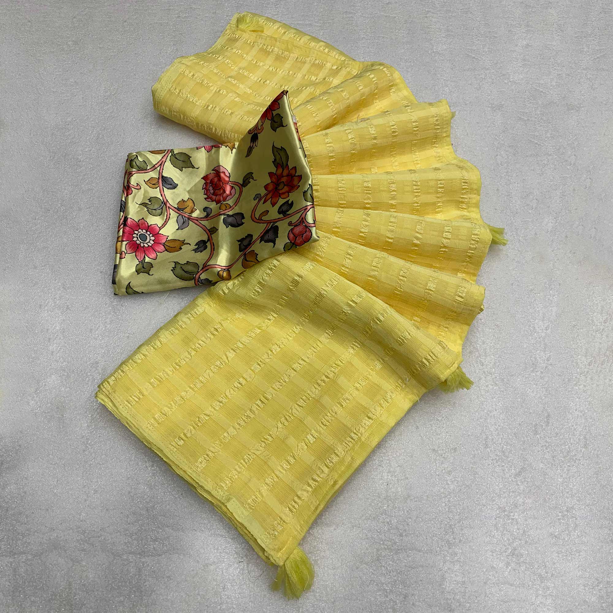 Yellow Woven Chiffon Wrinkle Saree With Tassels