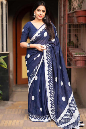 Indigo Blue Linen Saree With Vibrant Polka Digital Print & Trendy Tassel Pallu