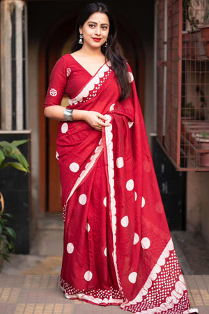 Maroon Linen Saree With Vibrant Polka Digital Print & Trendy Tassel Pallu