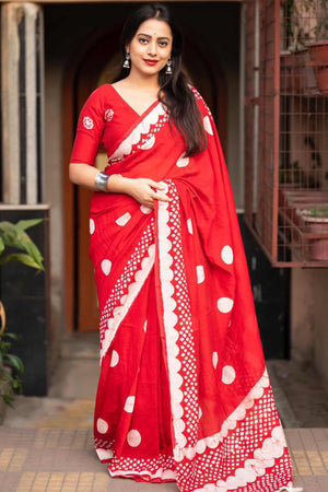 Red Linen Saree With Vibrant Polka Digital Print & Trendy Tassel Pallu