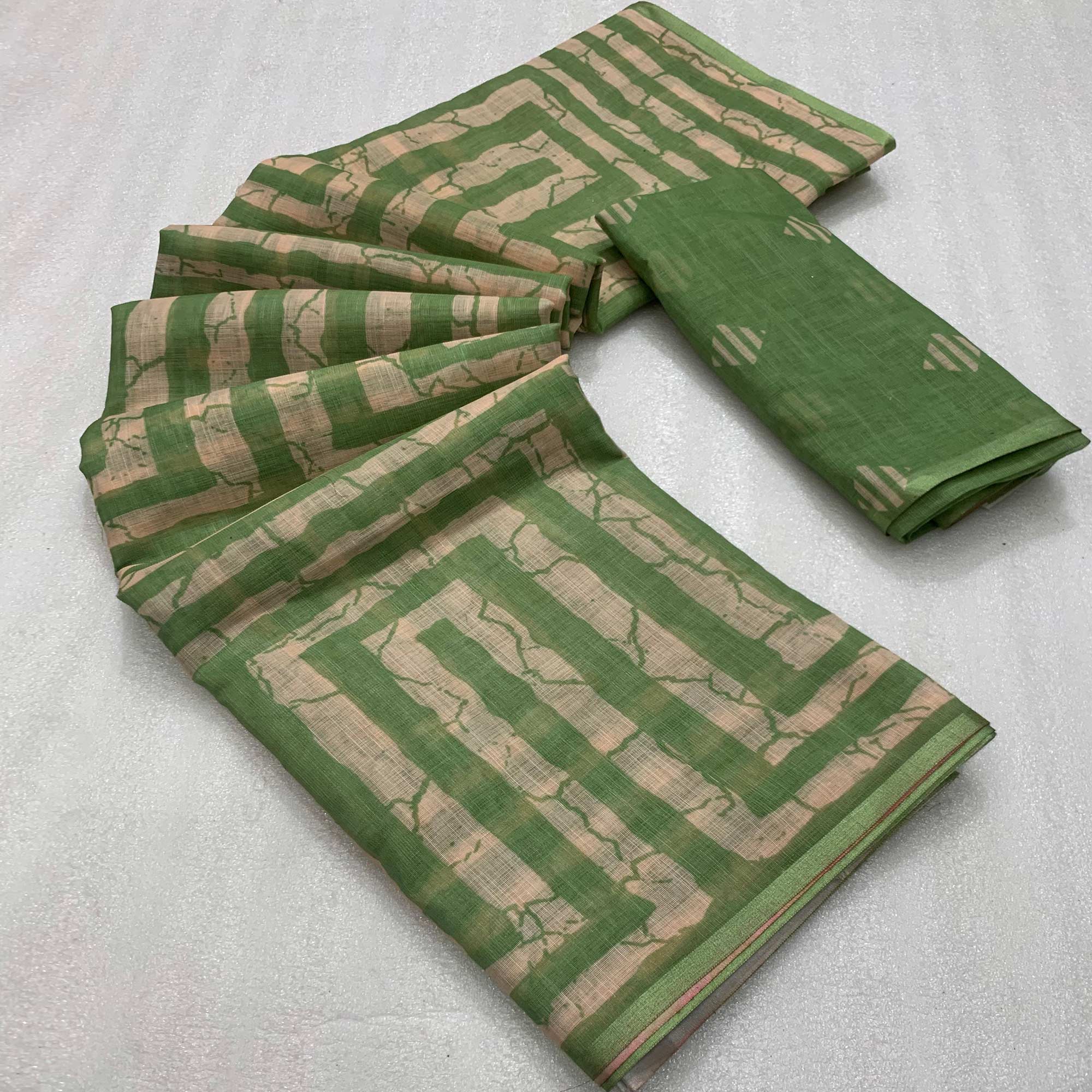 Green Digital Printed Linen Cotton Saree