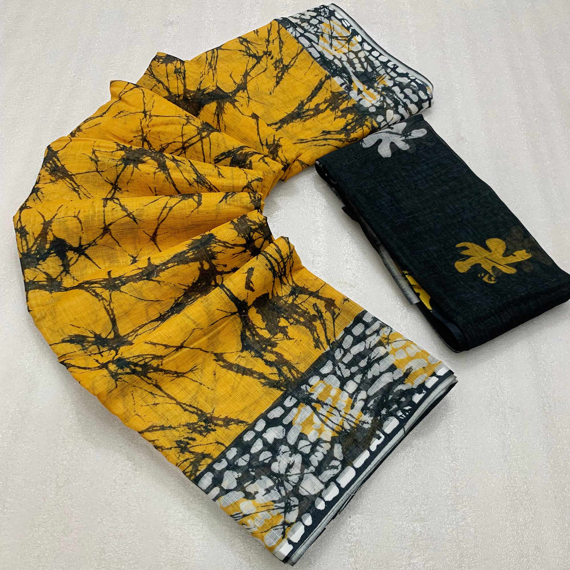 Mustard Digital Printed Linen Cotton Saree