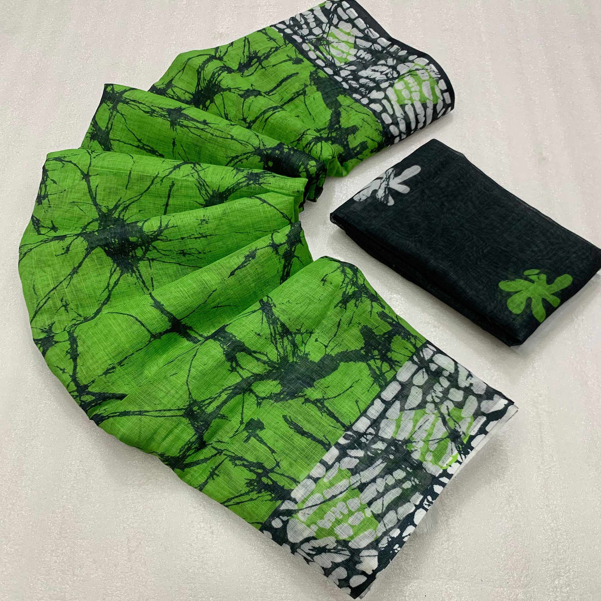 Parrot Green Digital Printed Linen Cotton Saree