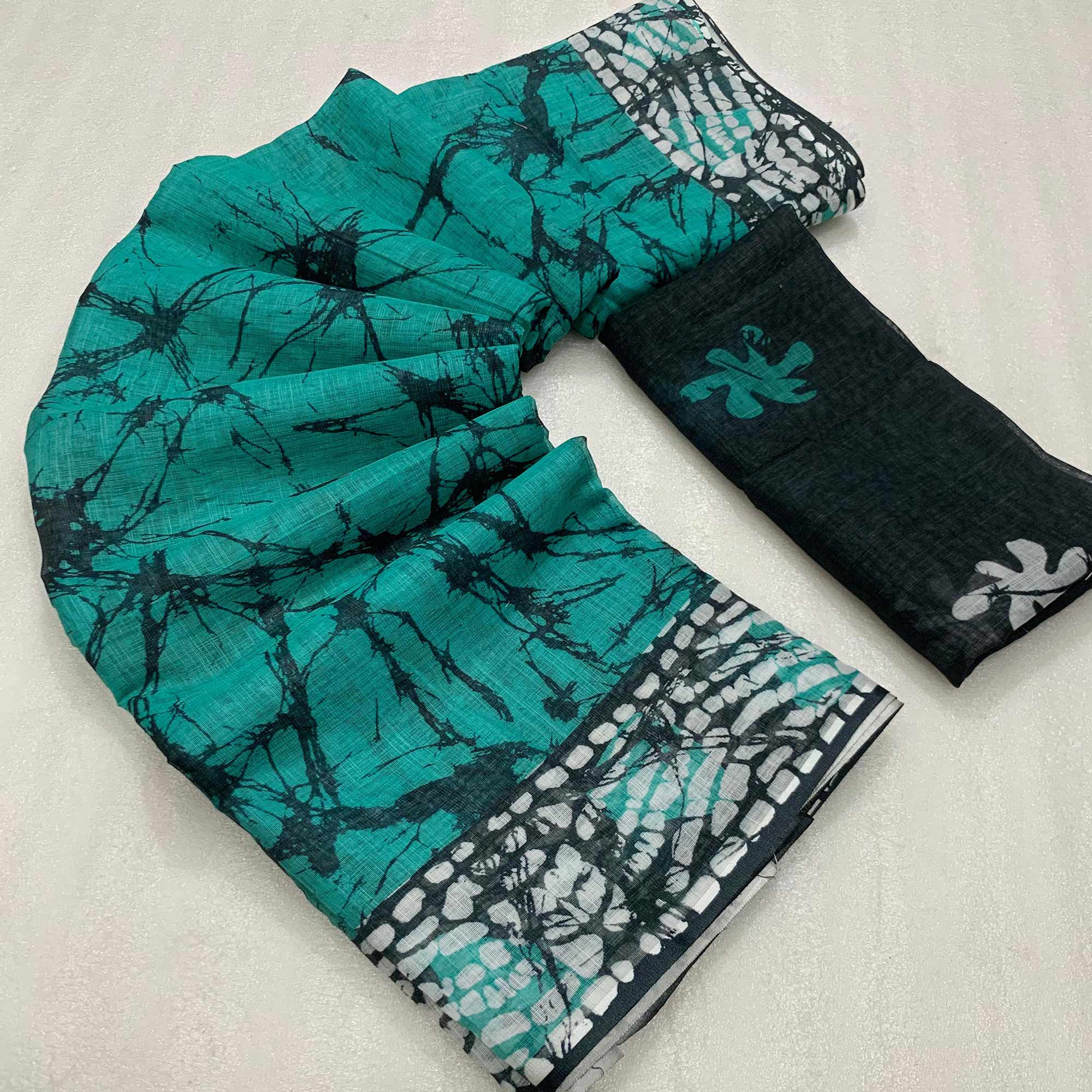 Turquoise Digital Printed Linen Cotton Saree