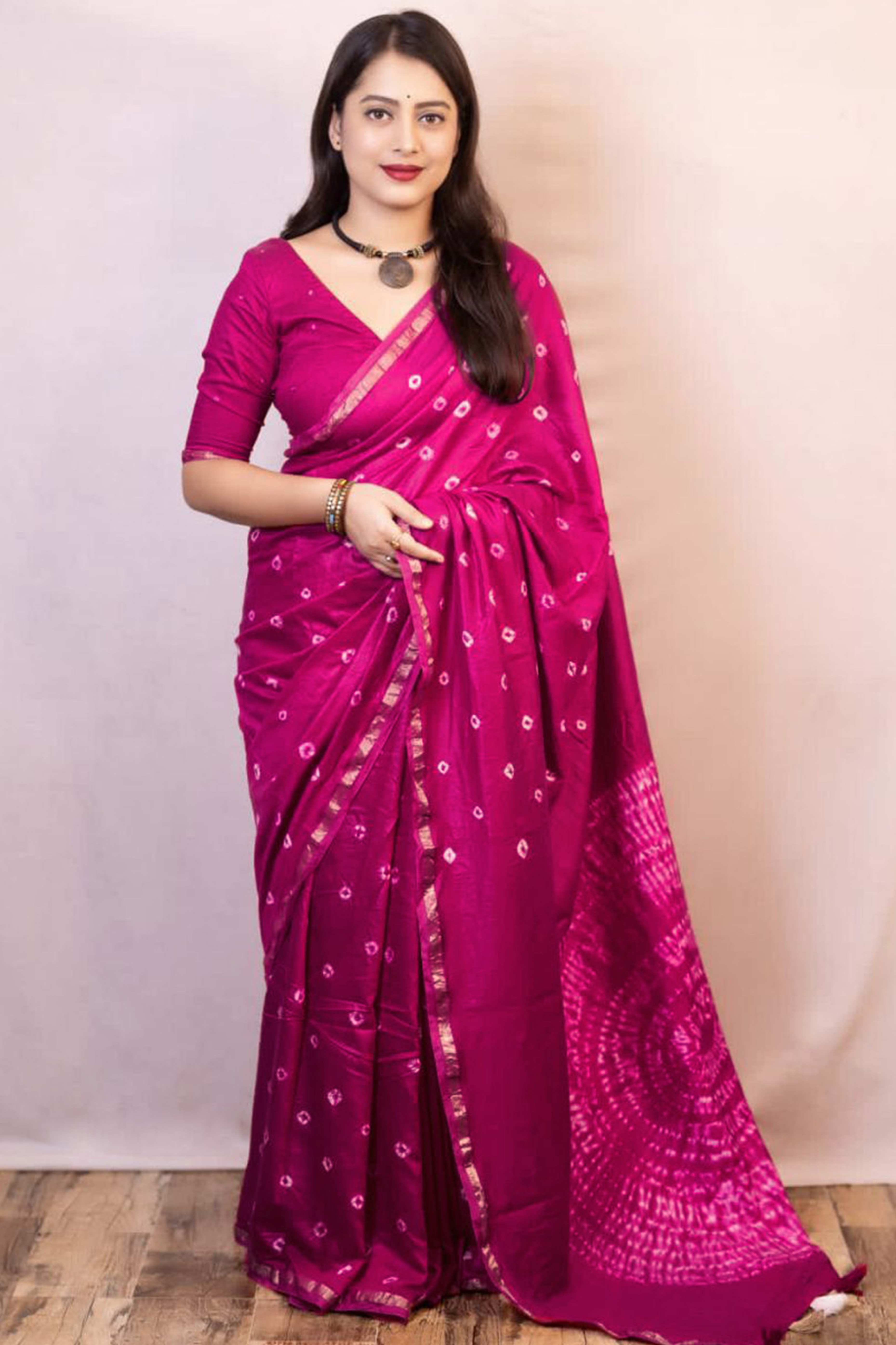 Rani Pink Bandhani Digital Printed Linen Cotton Saree