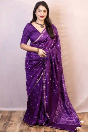 Violet Bandhani Digital Printed Linen Cotton Saree