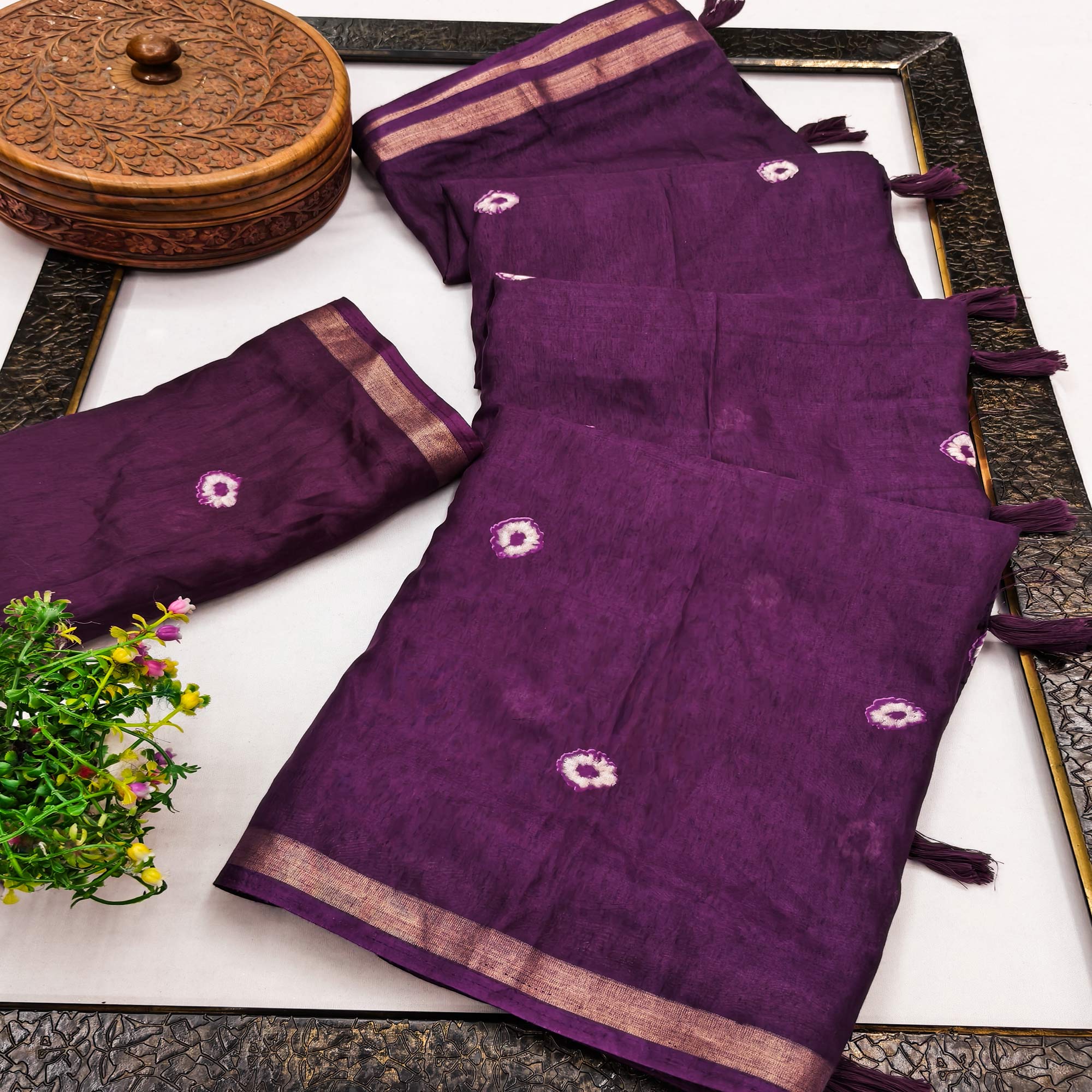 Trendy Wine Bandhani Digital Printed Linen Cotton Saree